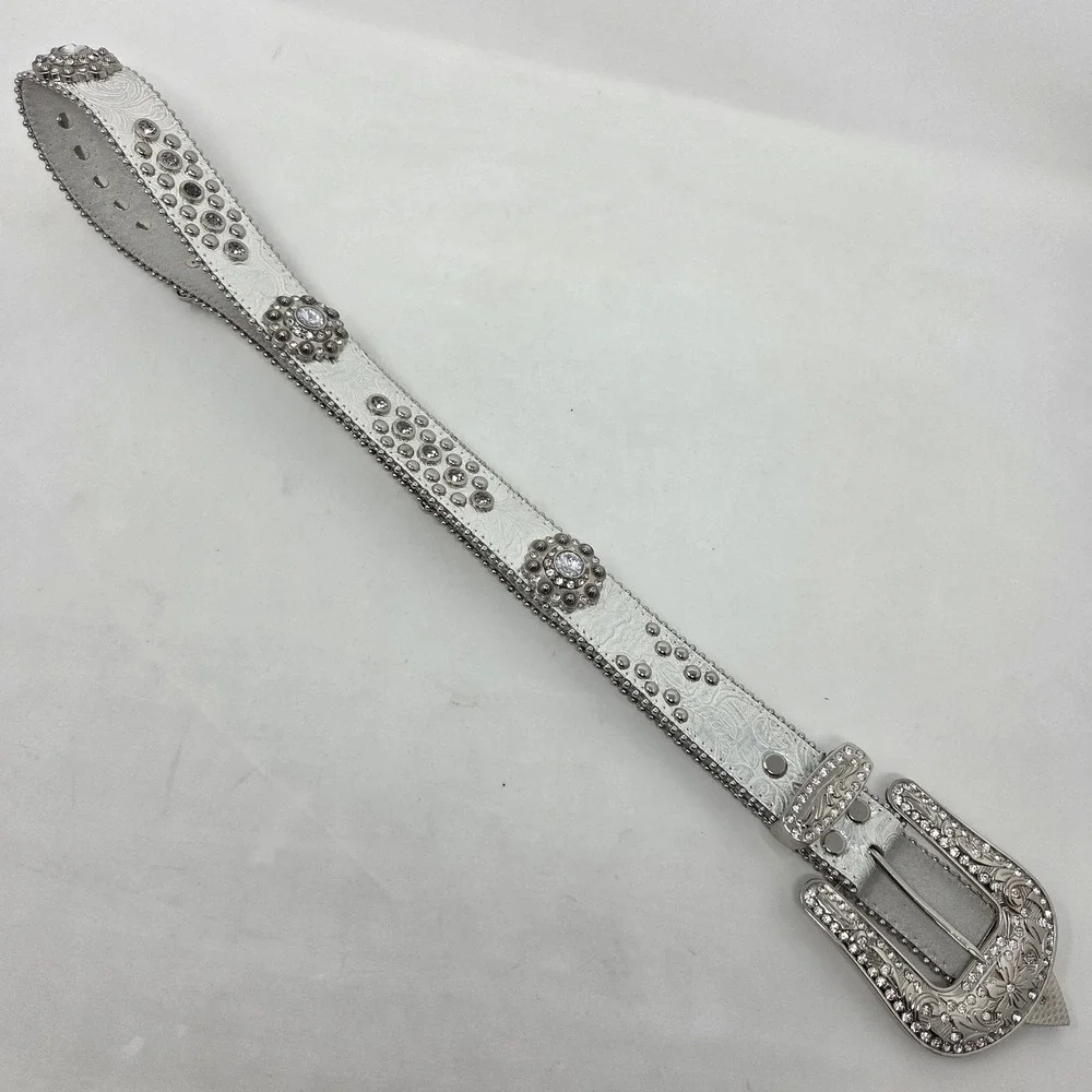 Blazin Roxx Western Silver‎ Metallic Tooled Bling Belt Large Rhinestones Cowgirl